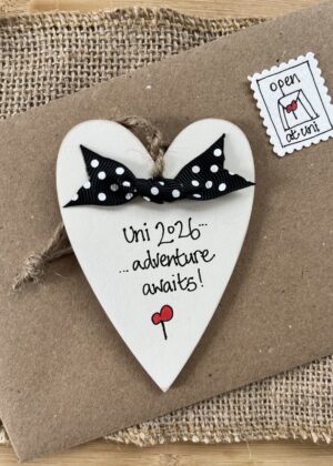 personalised wooden heart leaving home gift with 'uni 2026 adventure awaits' message