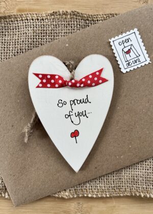 personalised wooden heart proud of you gift with 'so proud of you' message