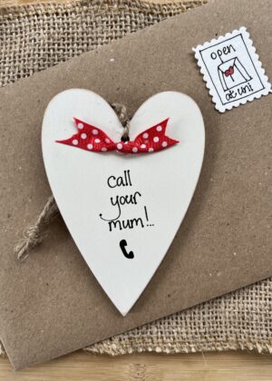 personalised wooden heart leaving home gift with 'call your mum' message