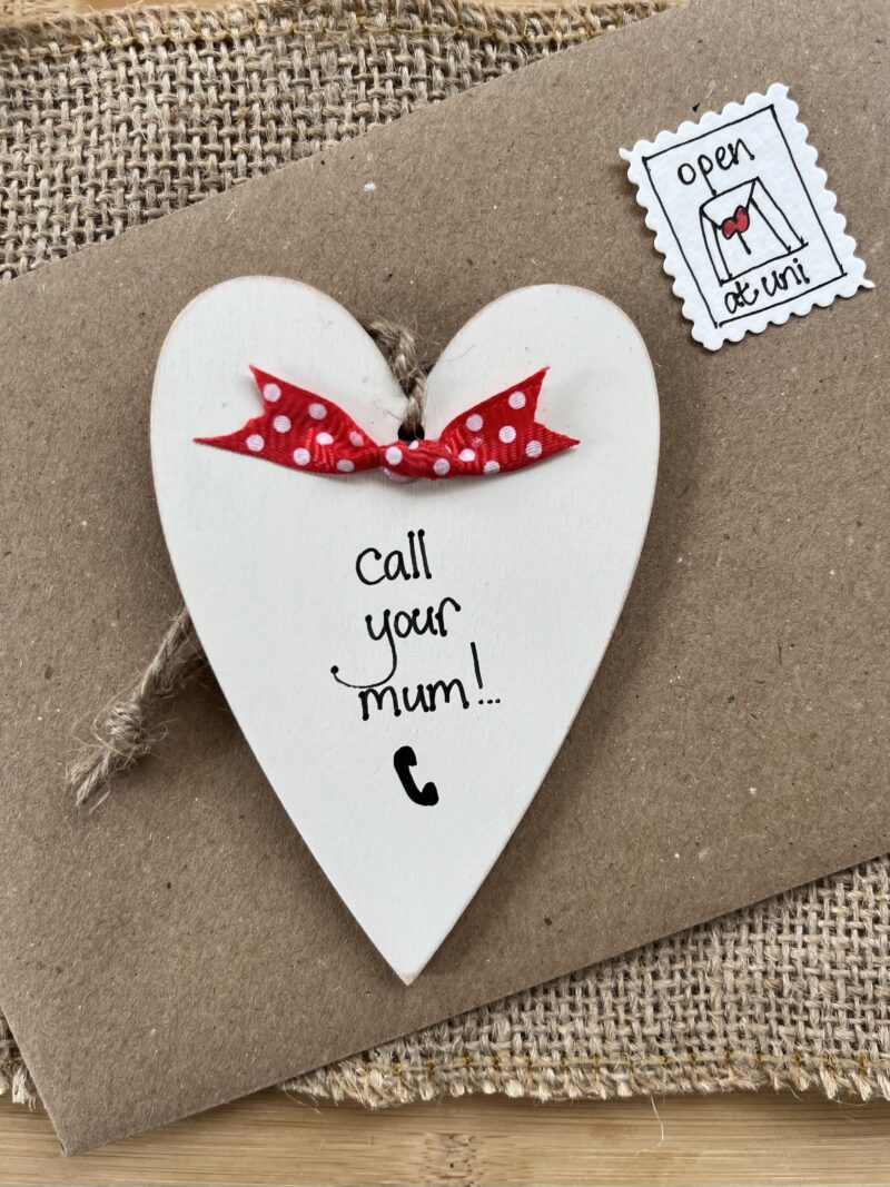 personalised wooden heart leaving home gift with 'call your mum' message